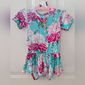 Posh Peanut Eloise turquoise floral twirl skirted bodysuit girl 18-24 months